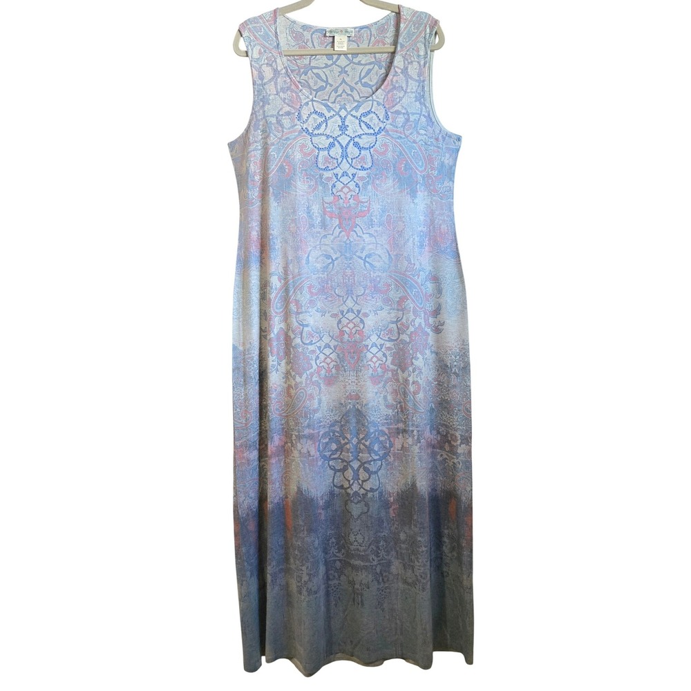 Vintage Suzie Womens XL Paisley Damask Maxi Dress Blue Rhinestone Sleeveless